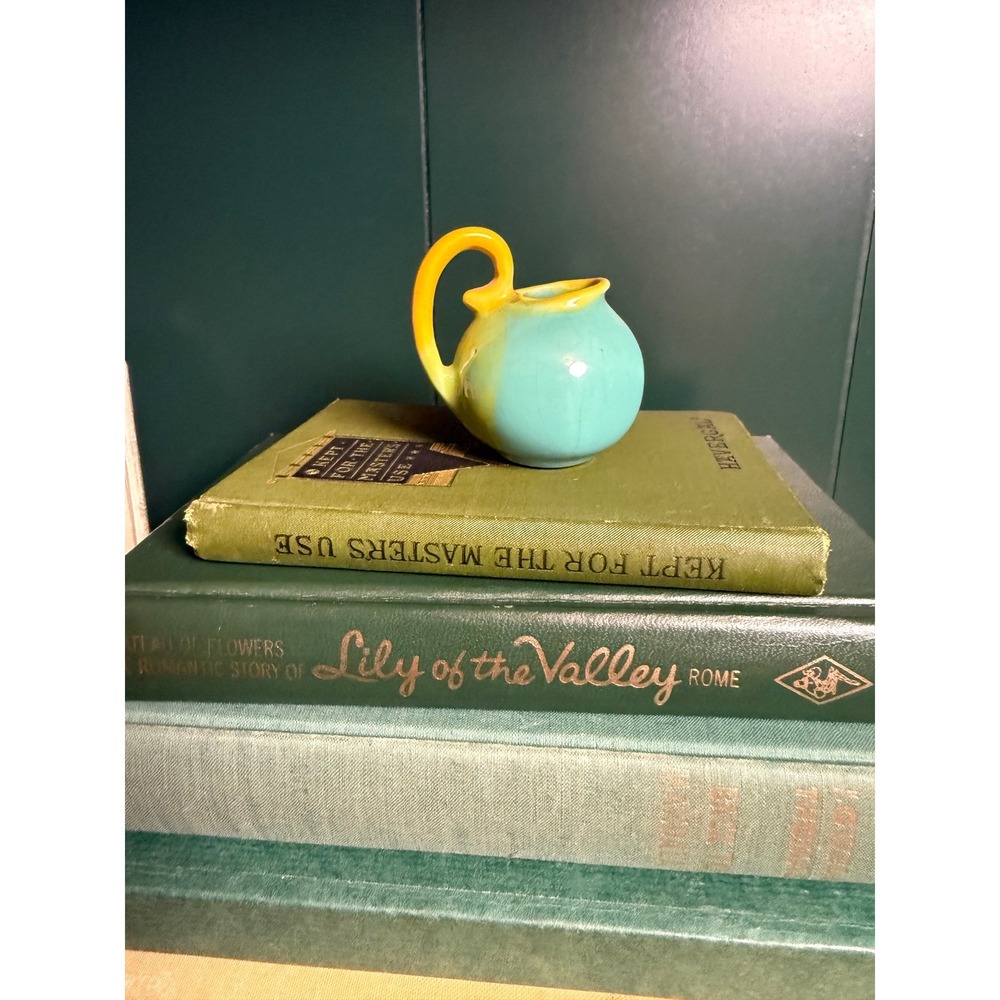 Vintage Miniature Pottery Pitcher Turquoise Yellow Glaze Ceramic Round Creamer